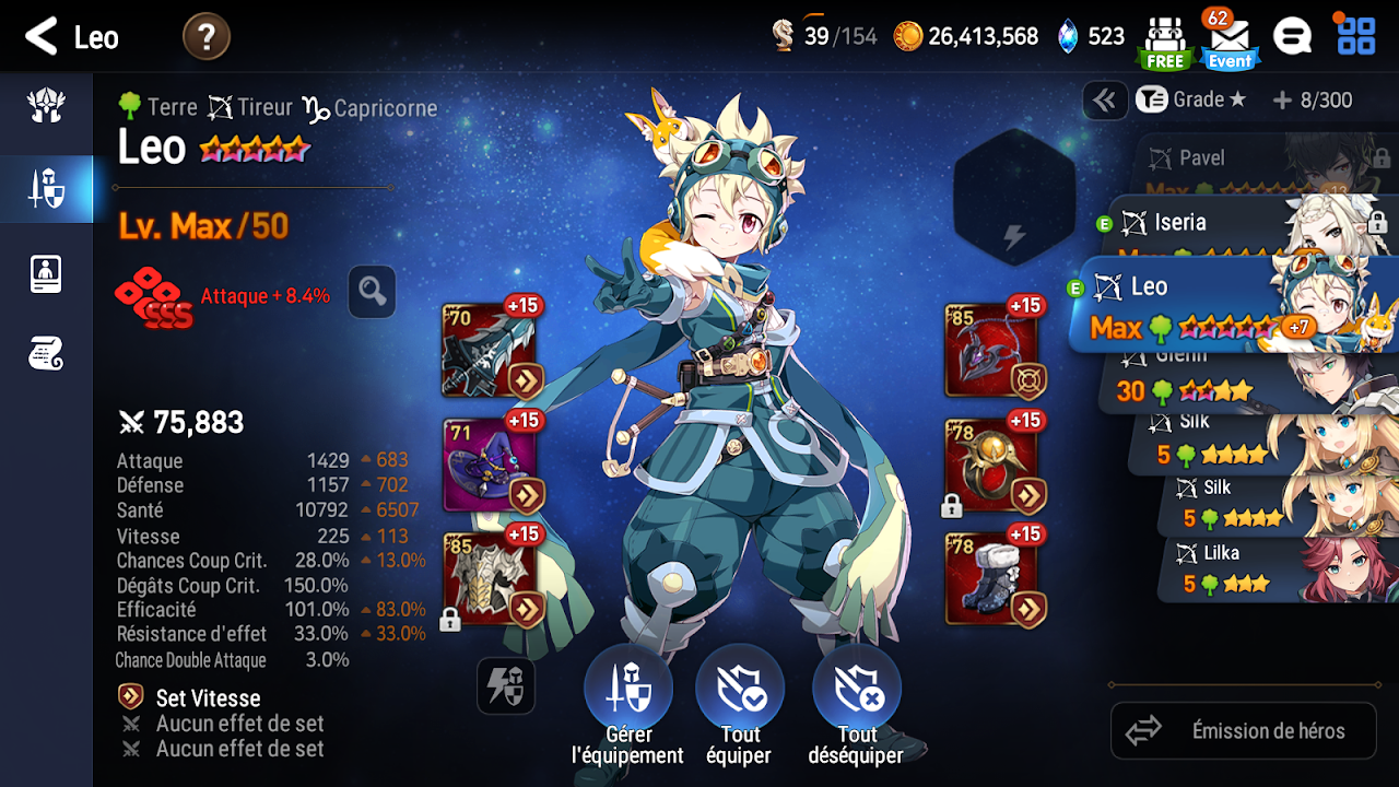 Léo niveau 50, le plus rapide de la team. artefact d'elphelt, Nakhwol ou SOS